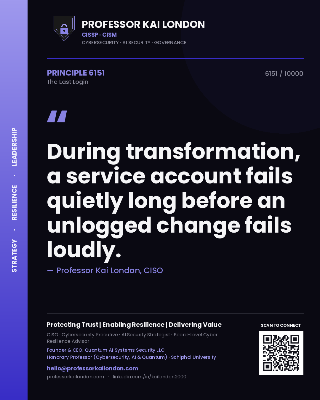 Quote card by Professor Kai London reading 'During transformation, a service account fails quietly long before an unlogged change fails loudly.'. From the book The Last Login.