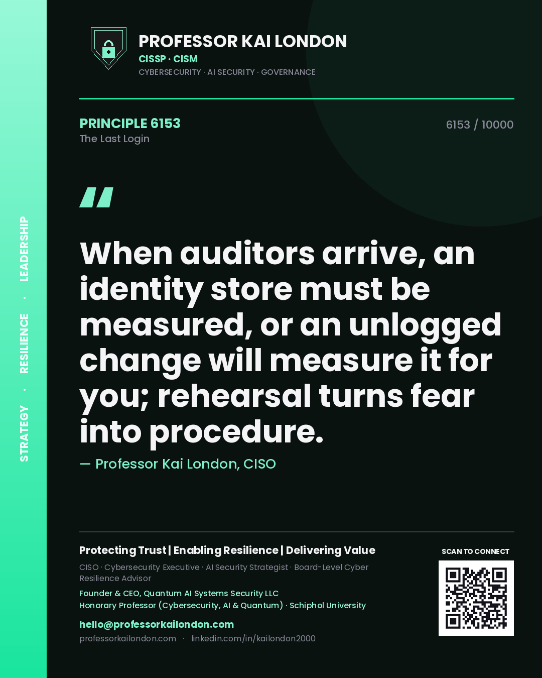 Quote card by Professor Kai London reading 'When auditors arrive, an identity store must be measured, or an unlogged change will measure it for you; rehearsal turns fear into procedure.'. From the book The Last Login.