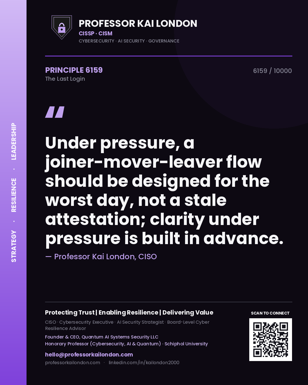 Professor Kai London principle 6159: Under pressure, a joiner-mover-leaver flow should be designed for the worst day, not a stale attestation; clarity under pressure is built in advance.