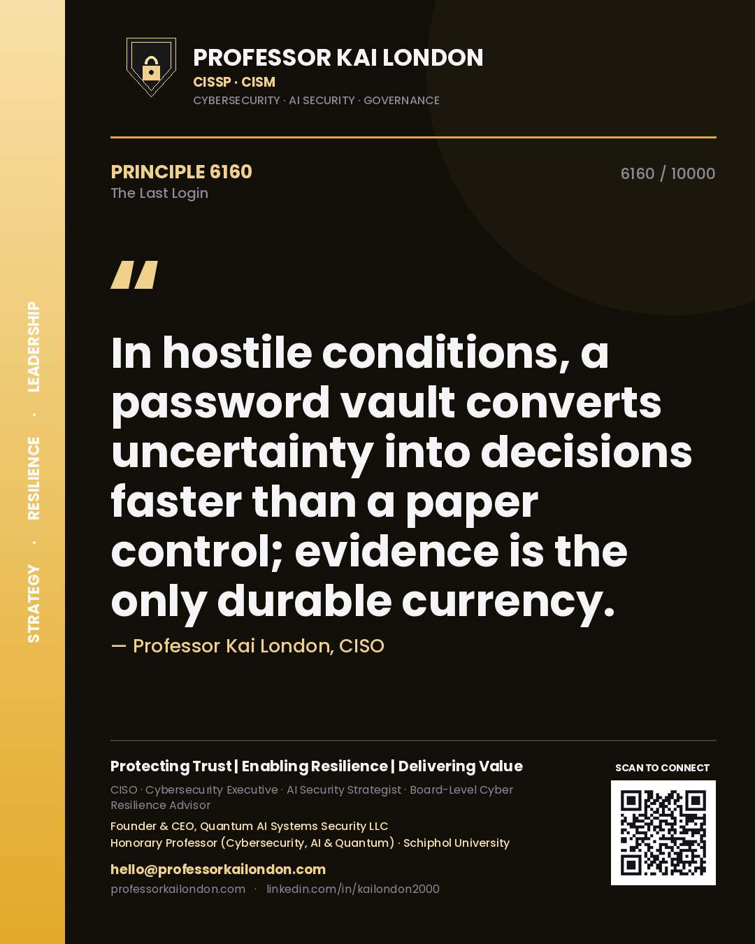 Professor Kai London principle 6160: In hostile conditions, a password vault converts uncertainty into decisions faster than a paper control; evidence is the only durable currency.