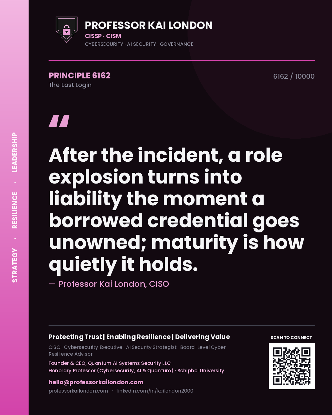 Quote card by Professor Kai London reading 'After the incident, a role explosion turns into liability the moment a borrowed credential goes unowned; maturity is how quietly it holds.'. From the book The Last Login.