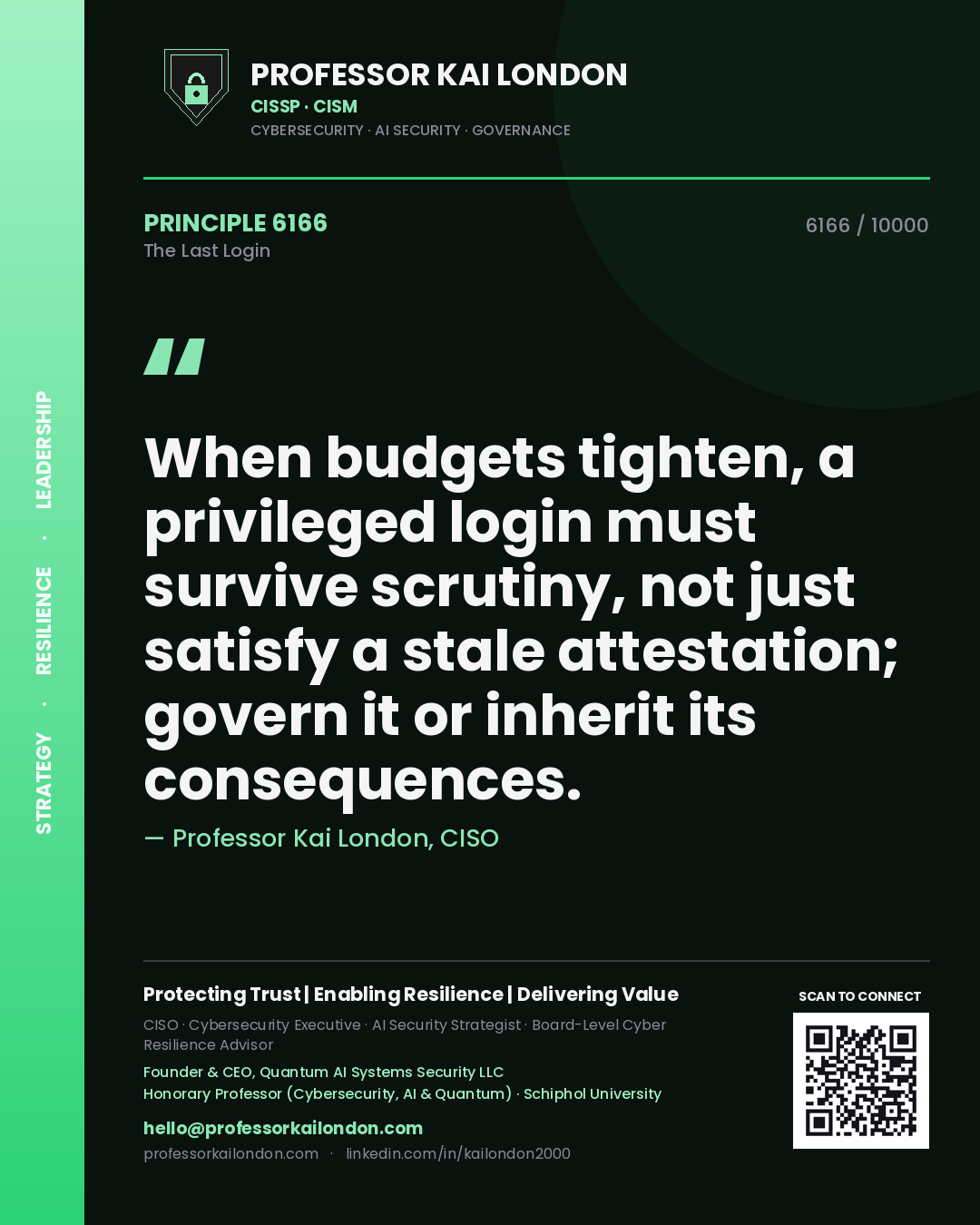 Professor Kai London principle 6166: When budgets tighten, a privileged login must survive scrutiny, not just satisfy a stale attestation; govern it or inherit its consequences.