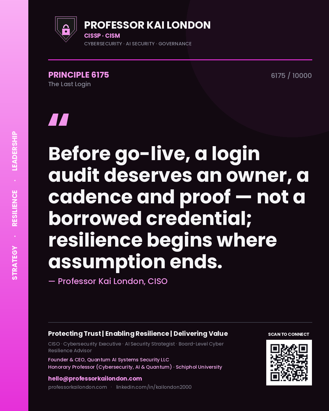 Quote card by Professor Kai London reading 'Before go-live, a login audit deserves an owner, a cadence and proof — not a borrowed credential; resilience begins where assumption ends.'. From the book The Last Login.