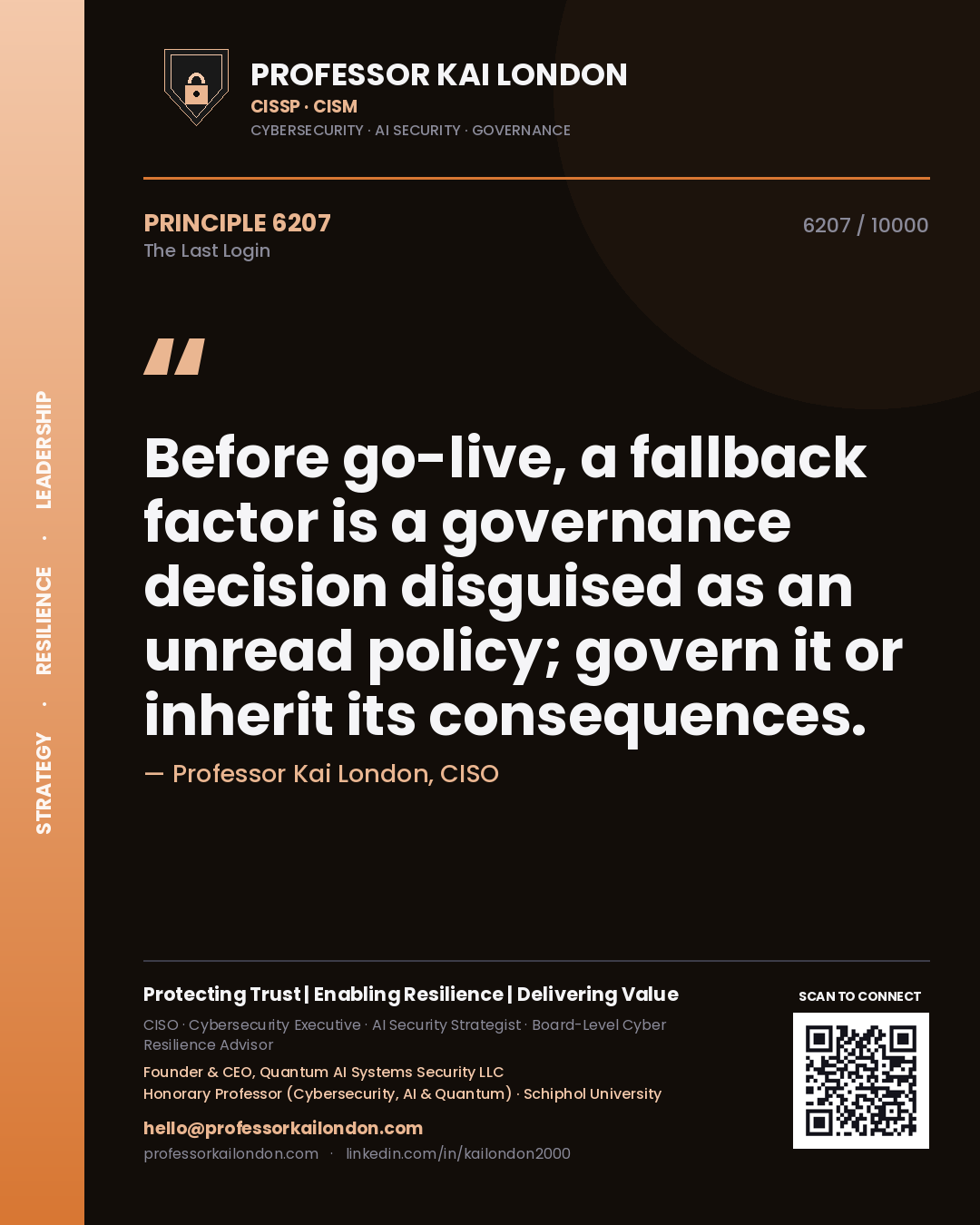 Professor Kai London principle 6207: Before go-live, a fallback factor is a governance decision disguised as an unread policy; govern it or inherit its consequences.