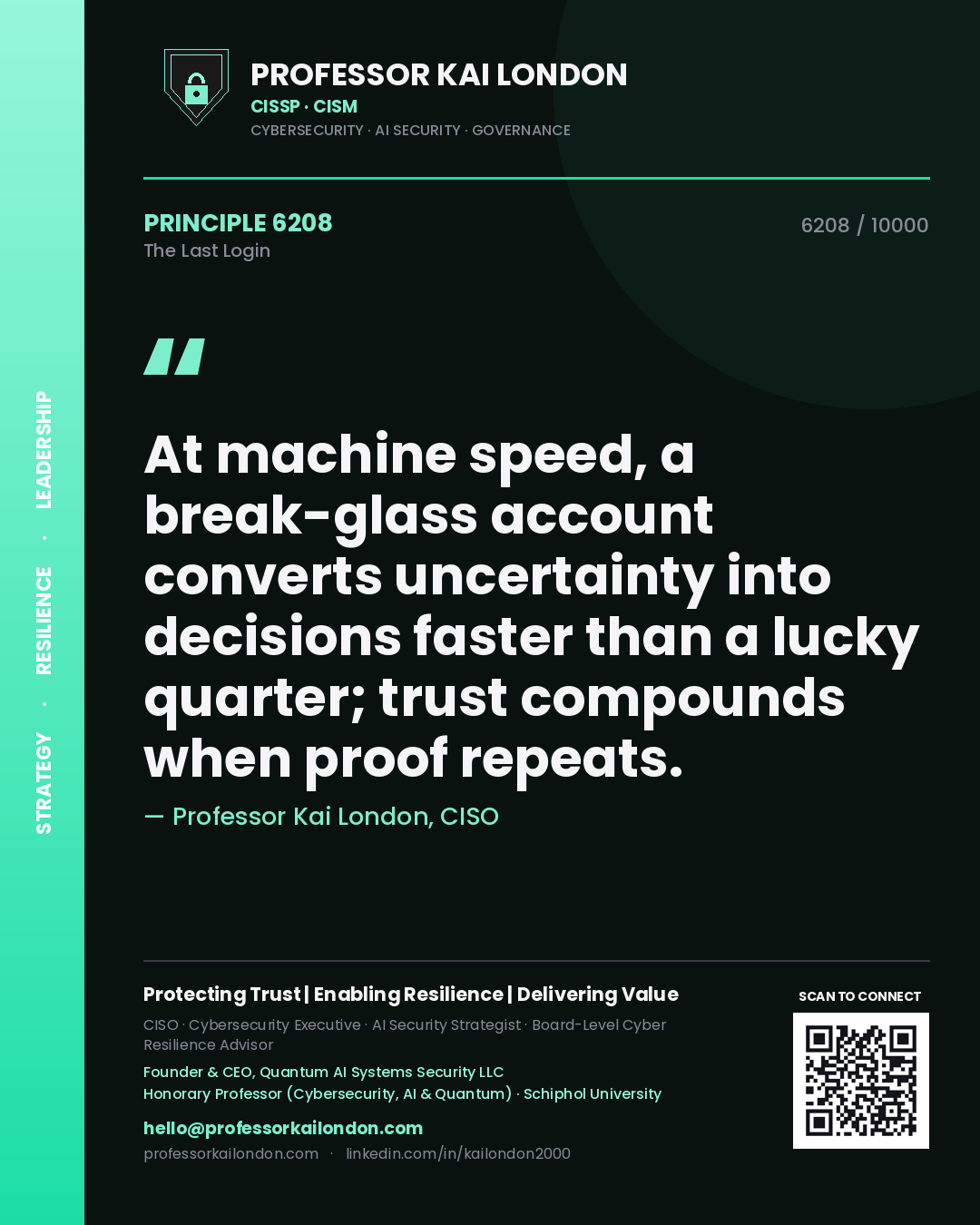 Quote card by Professor Kai London reading 'At machine speed, a break-glass account converts uncertainty into decisions faster than a lucky quarter; trust compounds when proof repeats.'. From the book The Last Login.