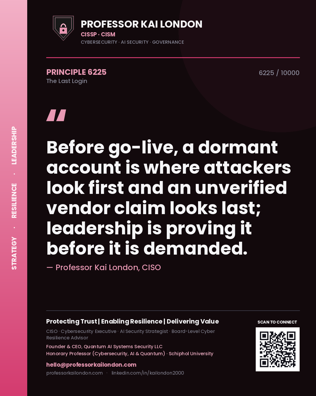 Quote card by Professor Kai London reading 'Before go-live, a dormant account is where attackers look first and an unverified vendor claim looks last; leadership is proving it before it is demanded.'. From the book The Last Login.