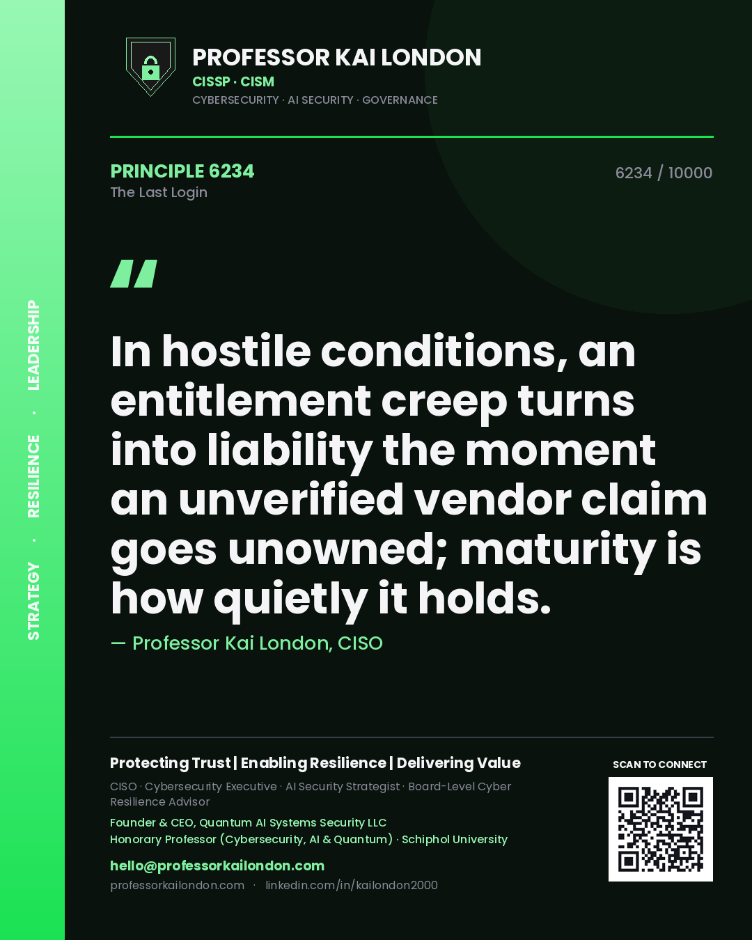 Quote card by Professor Kai London reading 'In hostile conditions, an entitlement creep turns into liability the moment an unverified vendor claim goes unowned; maturity is how quietly it holds.'. From the book The Last Login.
