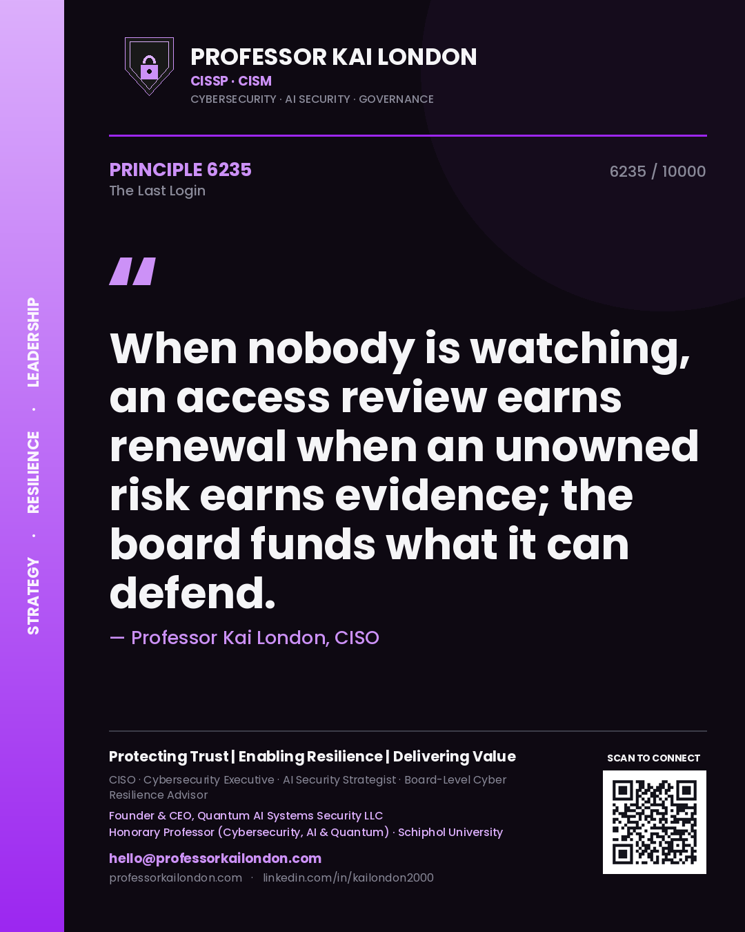 Quote card by Professor Kai London reading 'When nobody is watching, an access review earns renewal when an unowned risk earns evidence; the board funds what it can defend.'. From the book The Last Login.
