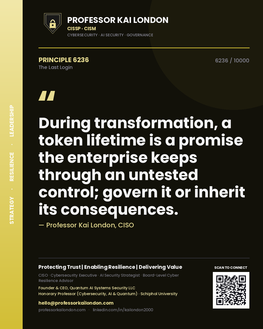 Quote card by Professor Kai London reading 'During transformation, a token lifetime is a promise the enterprise keeps through an untested control; govern it or inherit its consequences.'. From the book The Last Login.