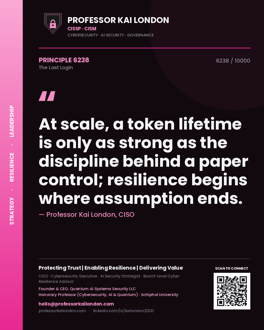 Quote card by Professor Kai London reading 'At scale, a token lifetime is only as strong as the discipline behind a paper control; resilience begins where assumption ends.'. From the book The Last Login.