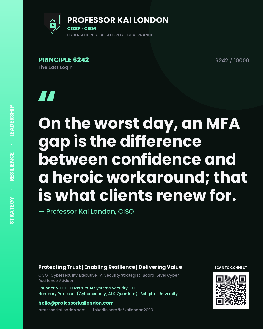 Quote card by Professor Kai London reading 'On the worst day, an MFA gap is the difference between confidence and a heroic workaround; that is what clients renew for.'. From the book The Last Login.