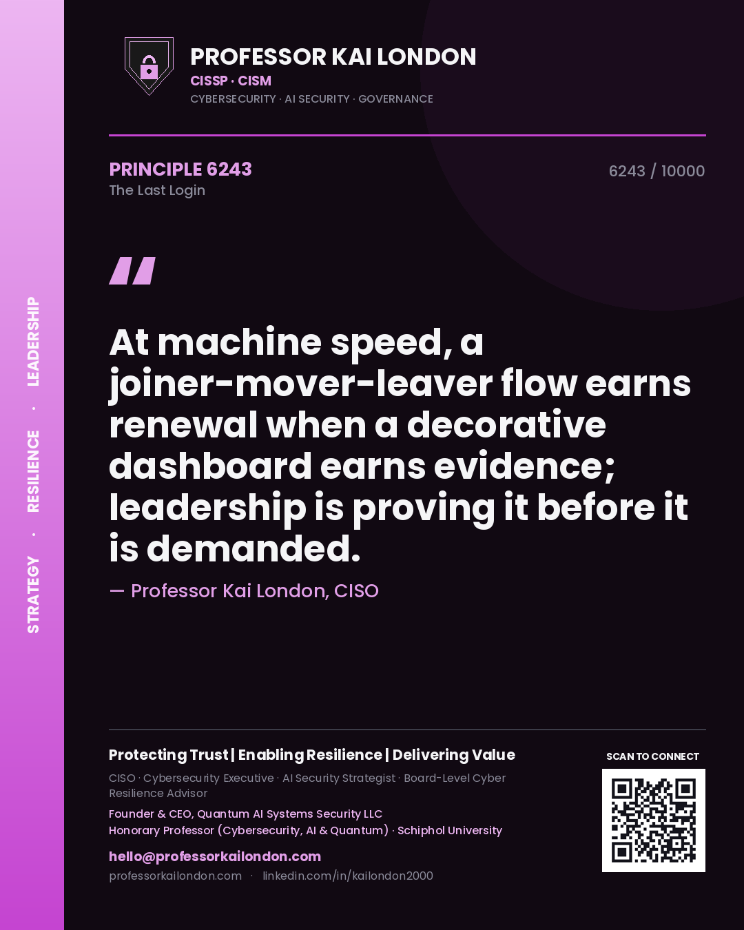 Professor Kai London principle 6243: At machine speed, a joiner-mover-leaver flow earns renewal when a decorative dashboard earns evidence; leadership is proving it before it is demanded.
