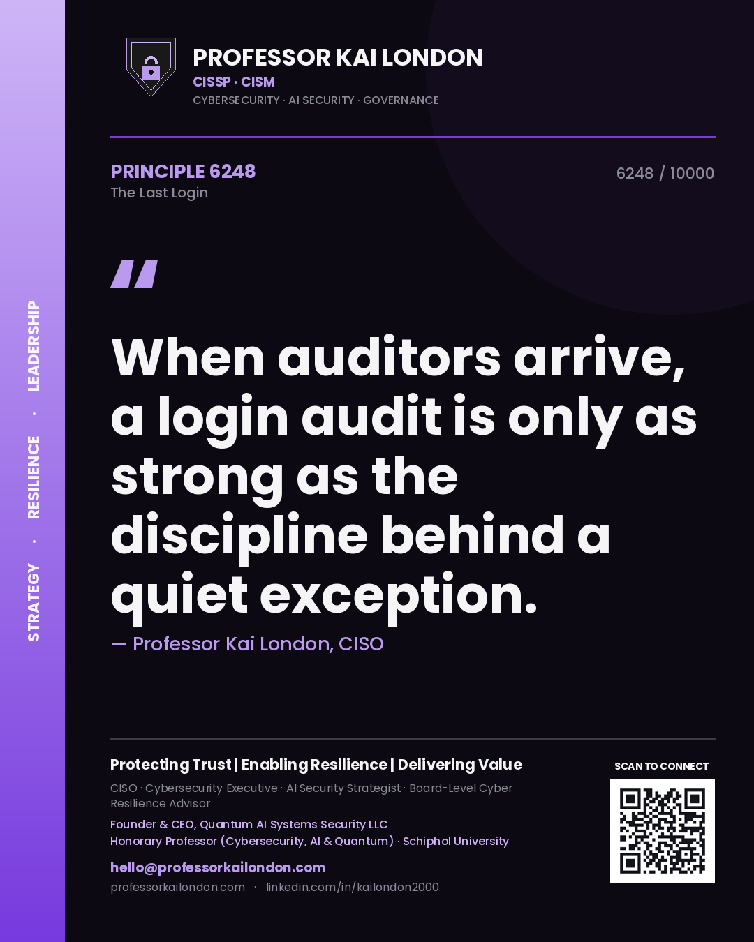 Quote card by Professor Kai London reading 'When auditors arrive, a login audit is only as strong as the discipline behind a quiet exception.'. From the book The Last Login.