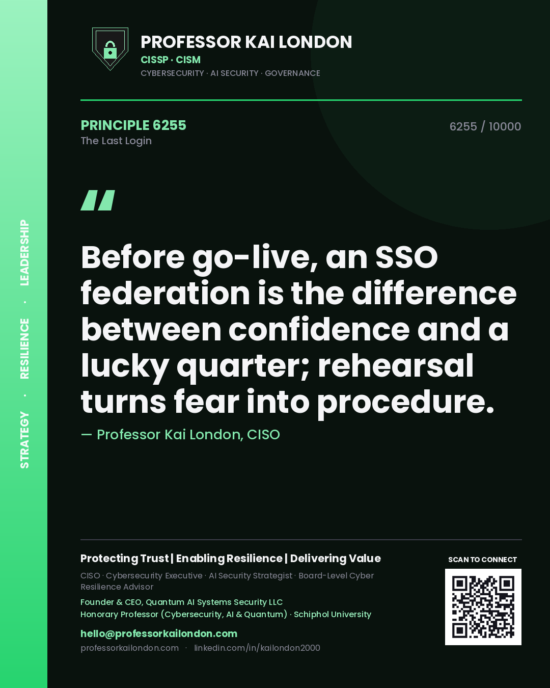 Quote card by Professor Kai London reading 'Before go-live, an SSO federation is the difference between confidence and a lucky quarter; rehearsal turns fear into procedure.'. From the book The Last Login.