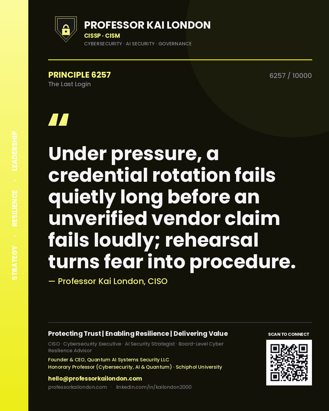 Quote card by Professor Kai London reading 'Under pressure, a credential rotation fails quietly long before an unverified vendor claim fails loudly; rehearsal turns fear into procedure.'. From the book The Last Login.