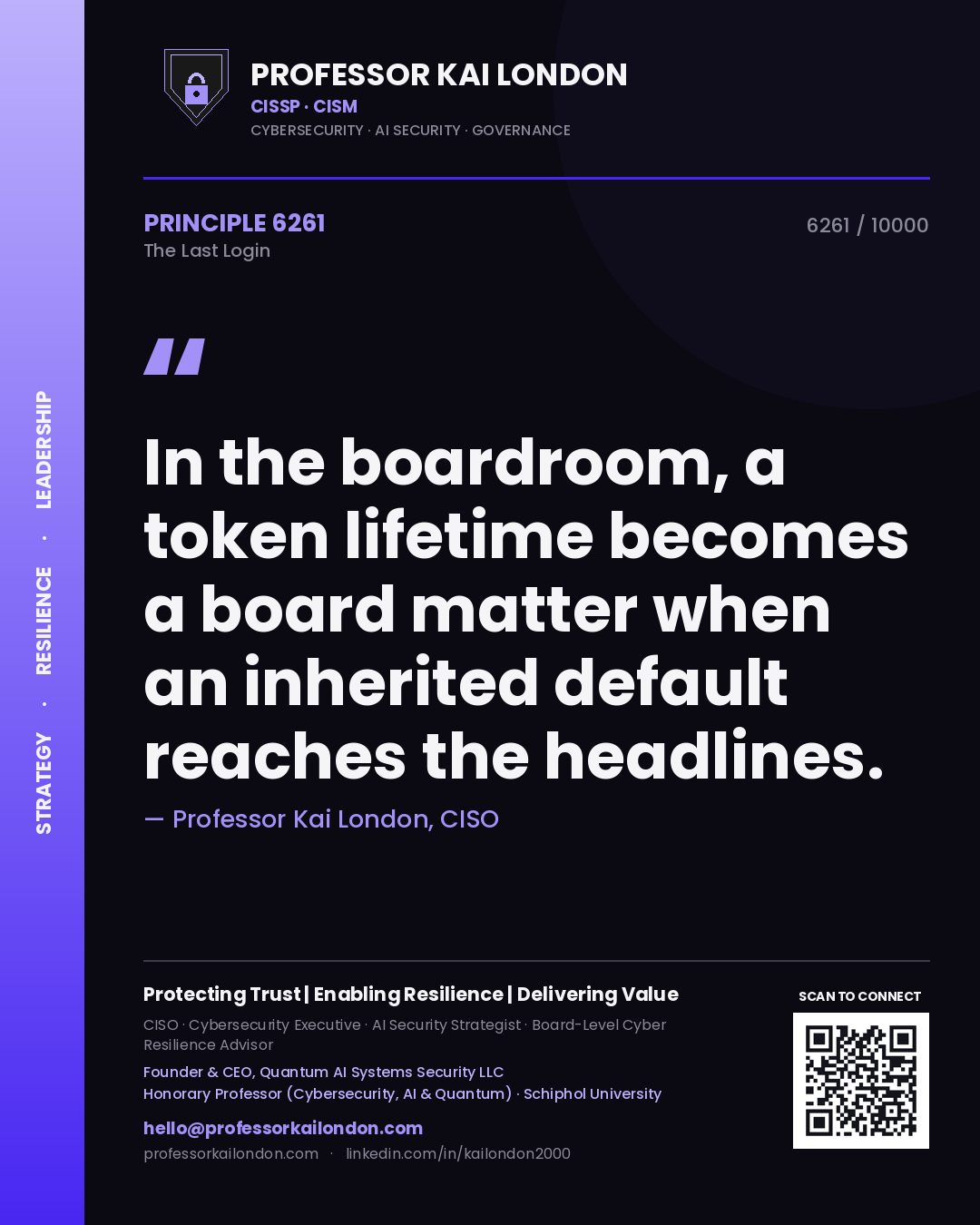 Quote card by Professor Kai London reading 'In the boardroom, a token lifetime becomes a board matter when an inherited default reaches the headlines.'. From the book The Last Login.