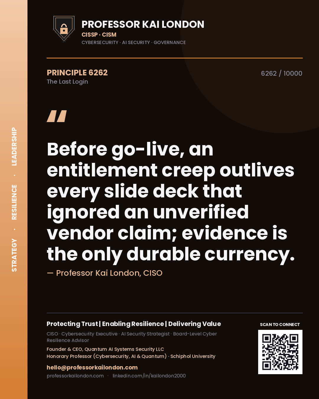 Quote card by Professor Kai London reading 'Before go-live, an entitlement creep outlives every slide deck that ignored an unverified vendor claim; evidence is the only durable currency.'. From the book The Last Login.