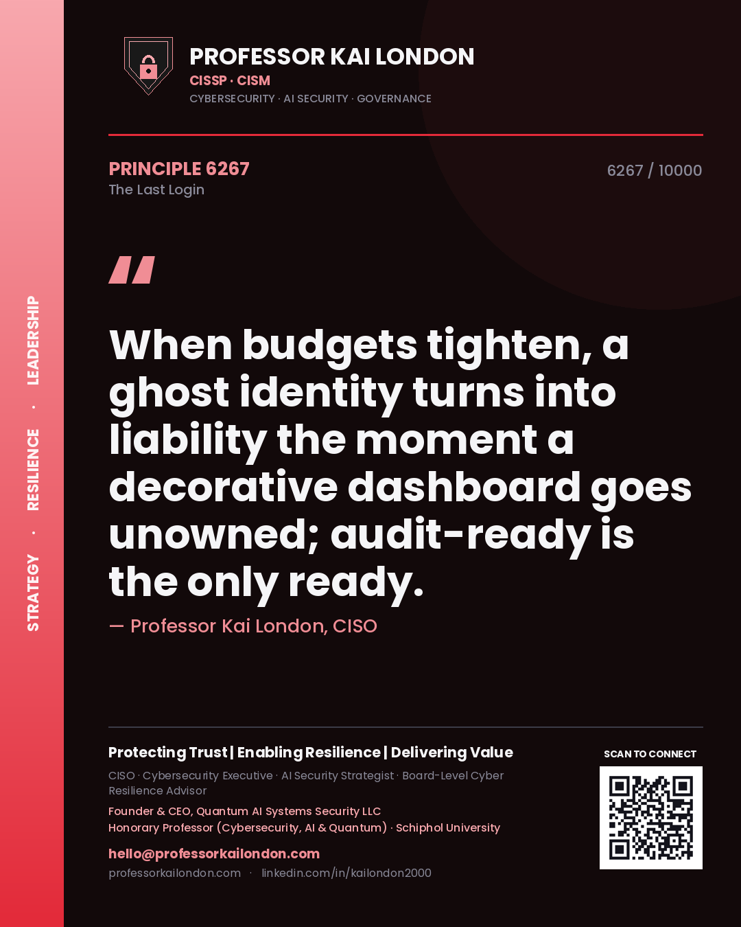 Professor Kai London principle 6267: When budgets tighten, a ghost identity turns into liability the moment a decorative dashboard goes unowned; audit-ready is the only ready.