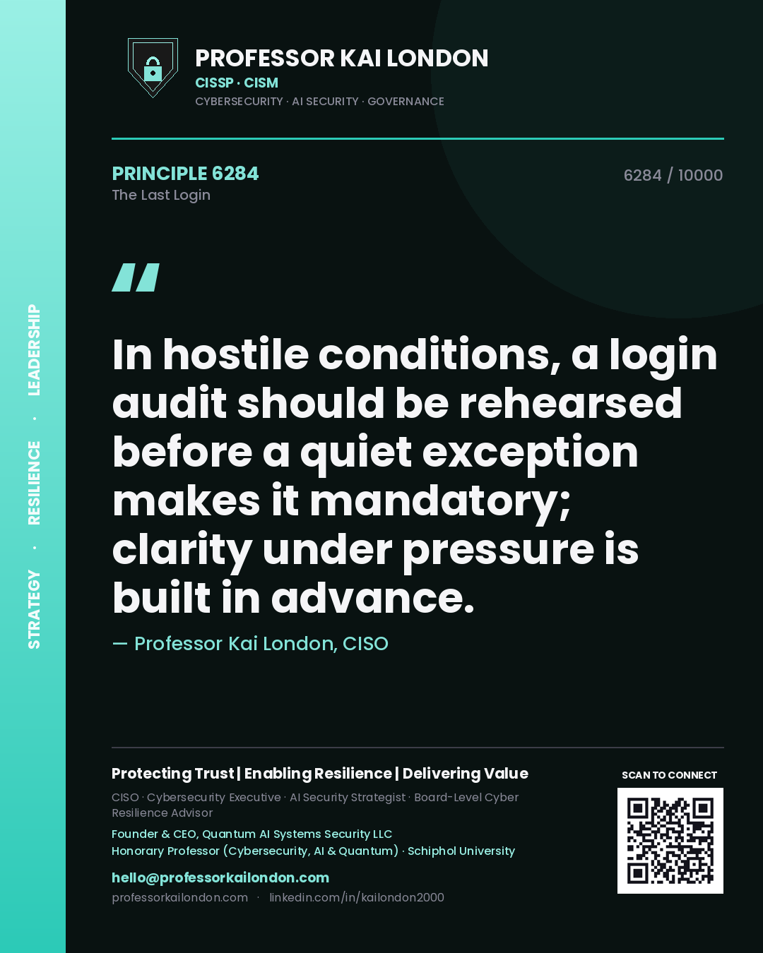 Professor Kai London principle 6284: In hostile conditions, a login audit should be rehearsed before a quiet exception makes it mandatory; clarity under pressure is built in advance.