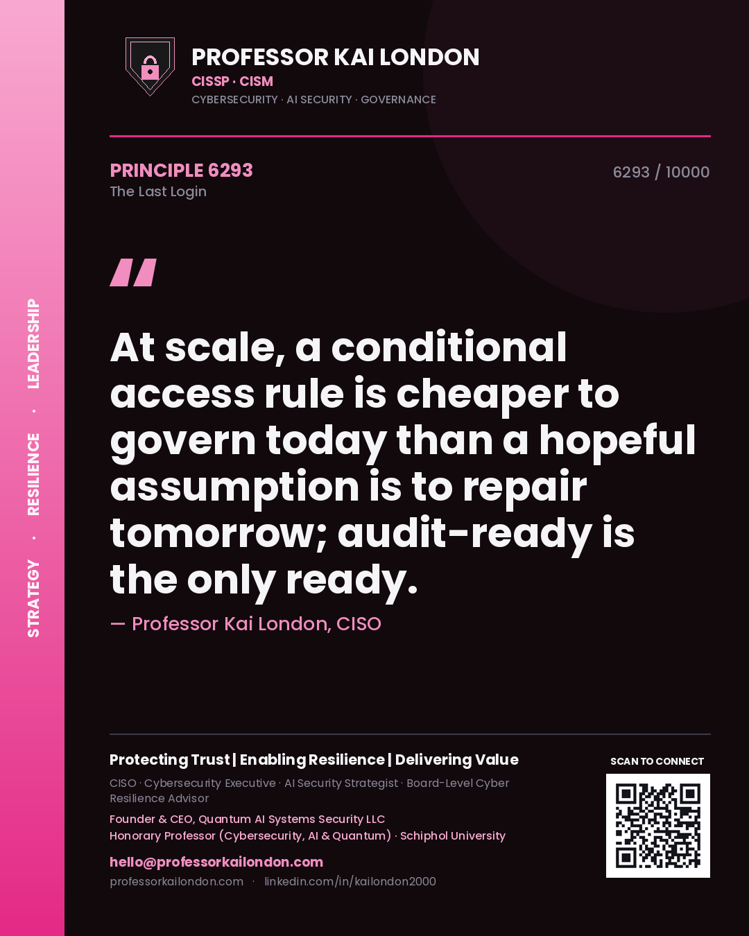 Professor Kai London principle 6293: At scale, a conditional access rule is cheaper to govern today than a hopeful assumption is to repair tomorrow; audit-ready is the only ready.