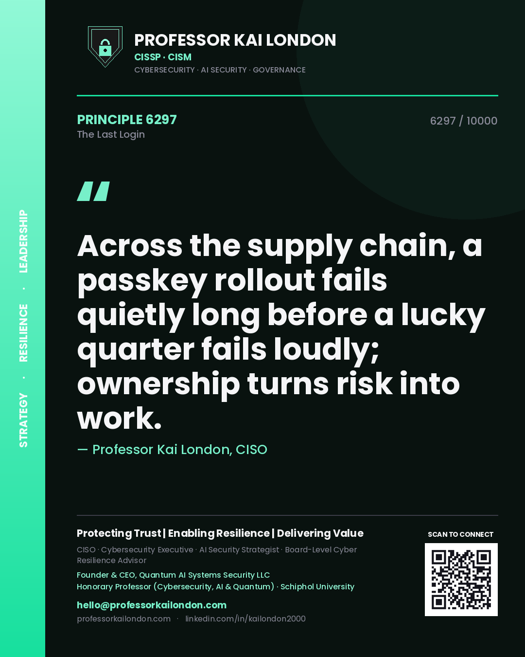 Quote card by Professor Kai London reading 'Across the supply chain, a passkey rollout fails quietly long before a lucky quarter fails loudly; ownership turns risk into work.'. From the book The Last Login.