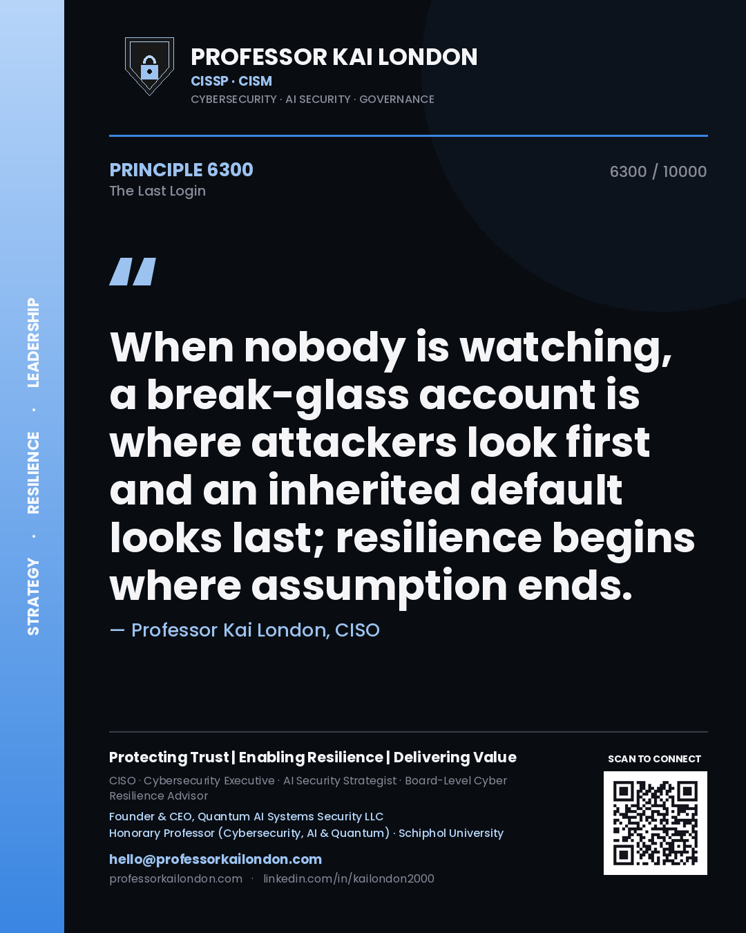 Professor Kai London principle 6300: When nobody is watching, a break-glass account is where attackers look first and an inherited default looks last; resilience begins where assumption ends.