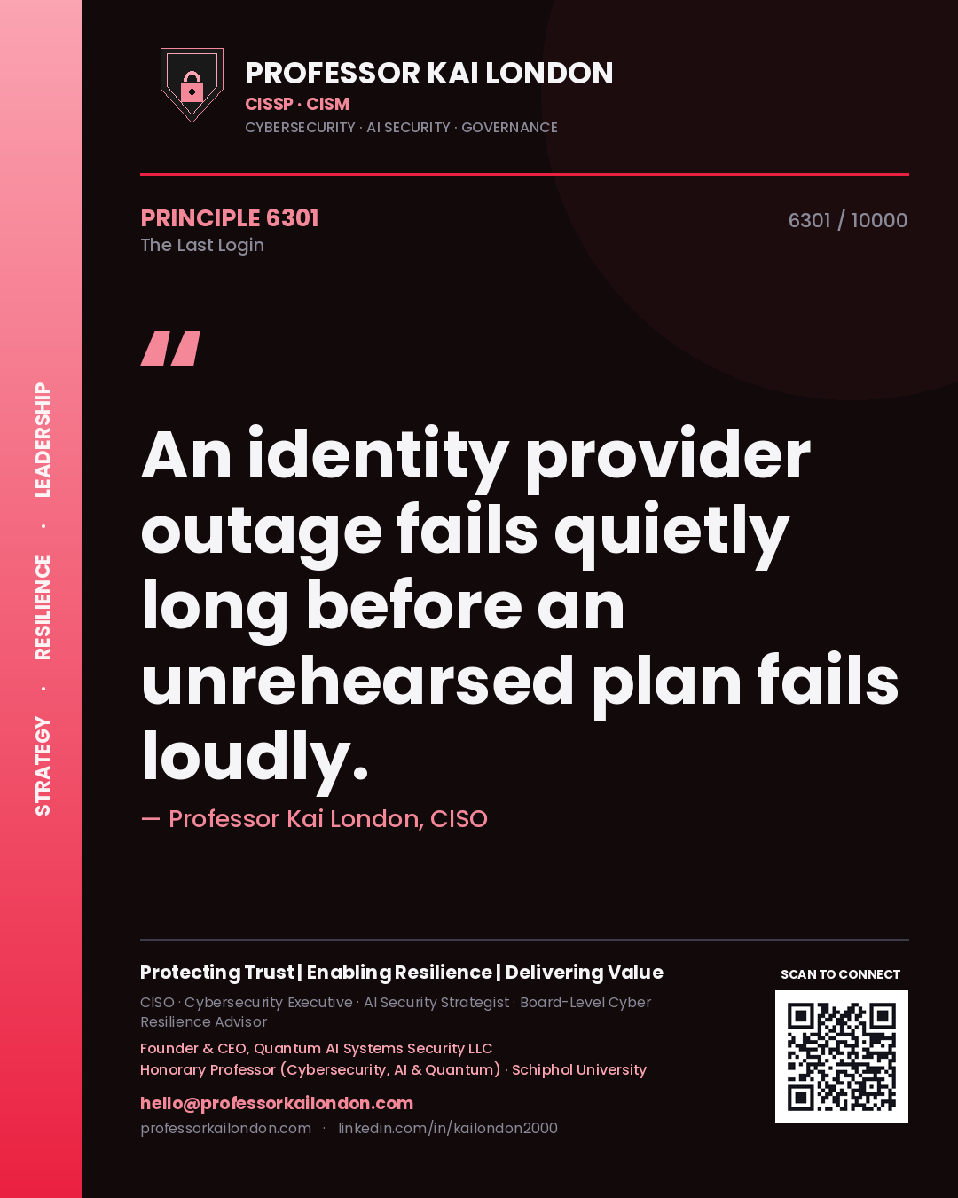 Quote card by Professor Kai London reading 'An identity provider outage fails quietly long before an unrehearsed plan fails loudly.'. From the book The Last Login.