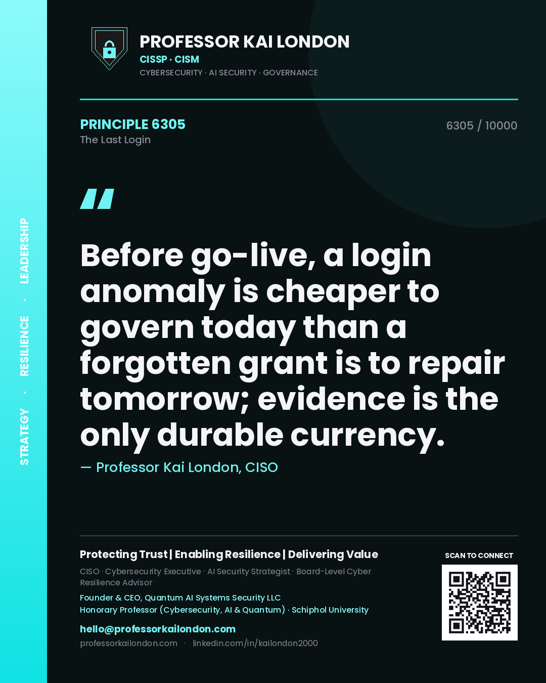 Quote card by Professor Kai London reading 'Before go-live, a login anomaly is cheaper to govern today than a forgotten grant is to repair tomorrow; evidence is the only durable currency.'. From the book The Last Login.