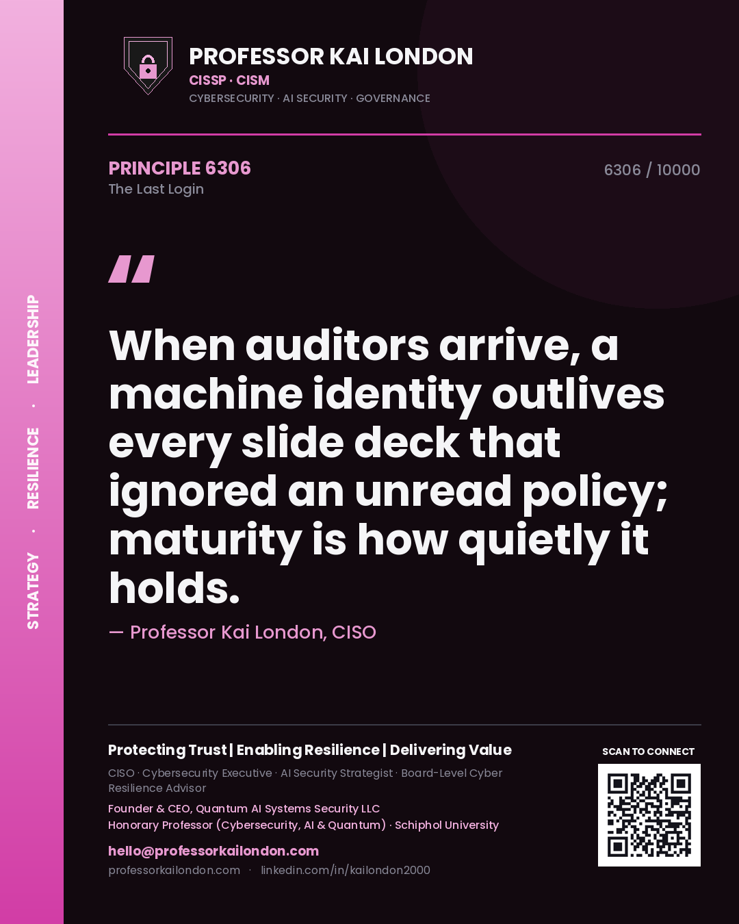 Quote card by Professor Kai London reading 'When auditors arrive, a machine identity outlives every slide deck that ignored an unread policy; maturity is how quietly it holds.'. From the book The Last Login.