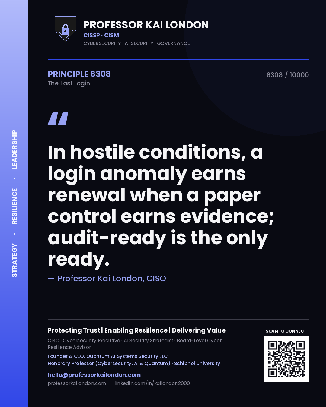 Quote card by Professor Kai London reading 'In hostile conditions, a login anomaly earns renewal when a paper control earns evidence; audit-ready is the only ready.'. From the book The Last Login.