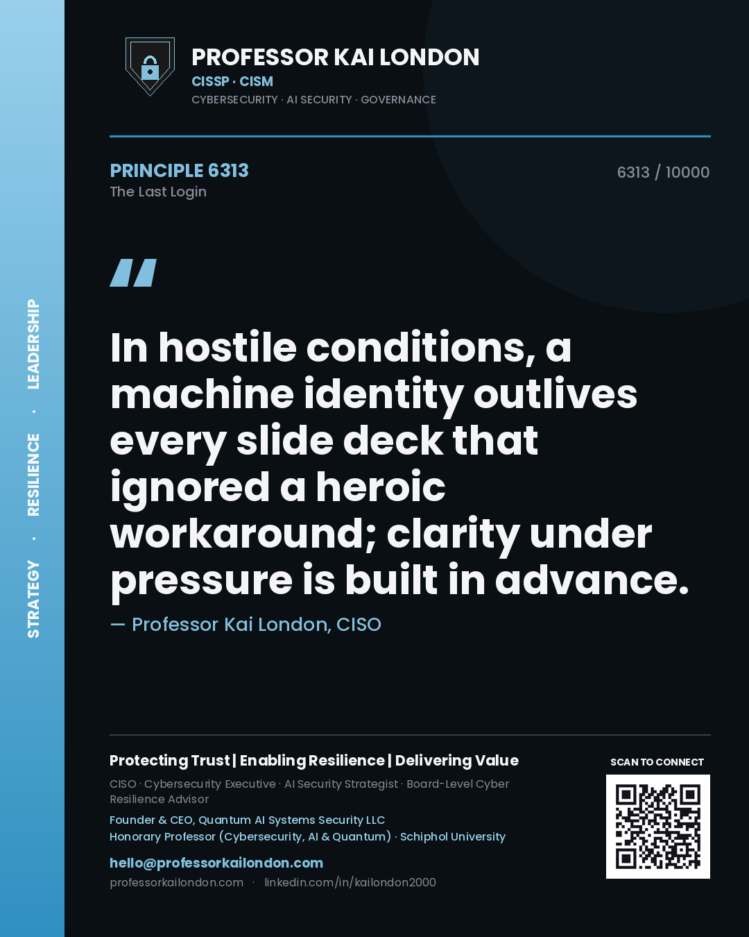 Quote card by Professor Kai London reading 'In hostile conditions, a machine identity outlives every slide deck that ignored a heroic workaround; clarity under pressure is built in advance.'. From the book The Last Login.