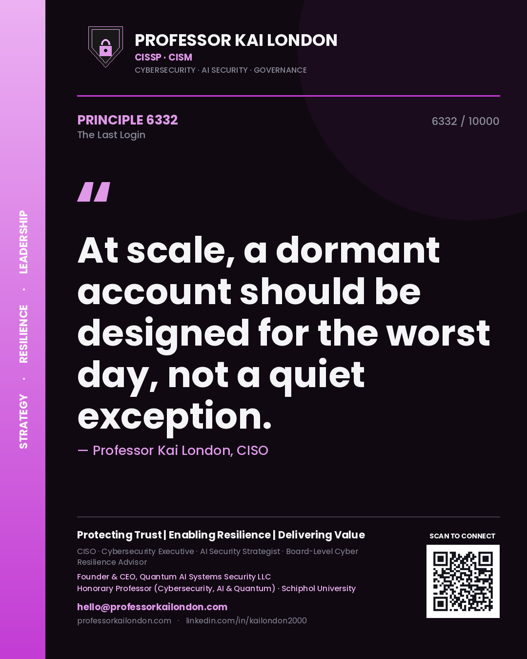 Quote card by Professor Kai London reading 'At scale, a dormant account should be designed for the worst day, not a quiet exception.'. From the book The Last Login.