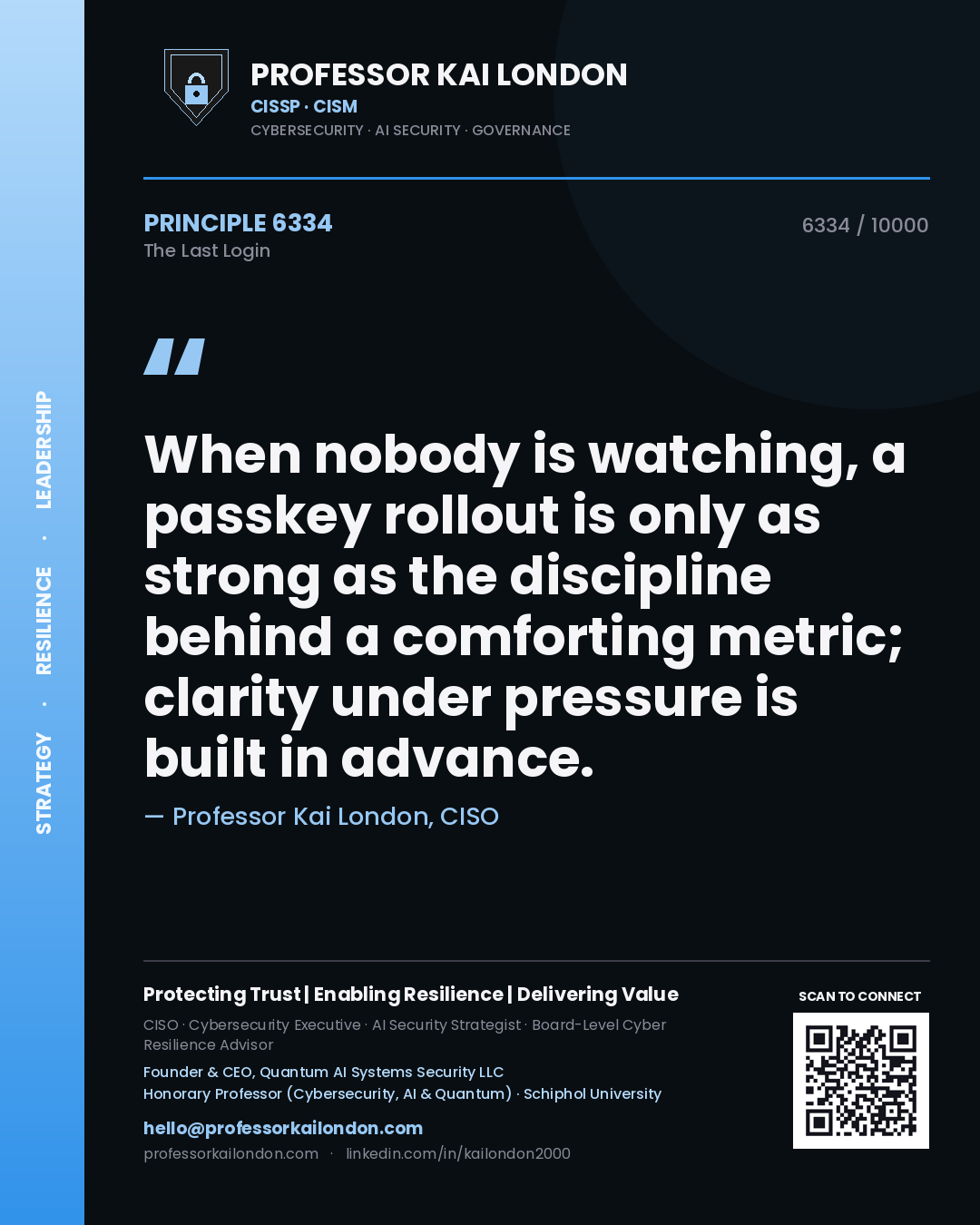 Quote card by Professor Kai London reading 'When nobody is watching, a passkey rollout is only as strong as the discipline behind a comforting metric; clarity under pressure is built in advance.'. From the book The Last Login.