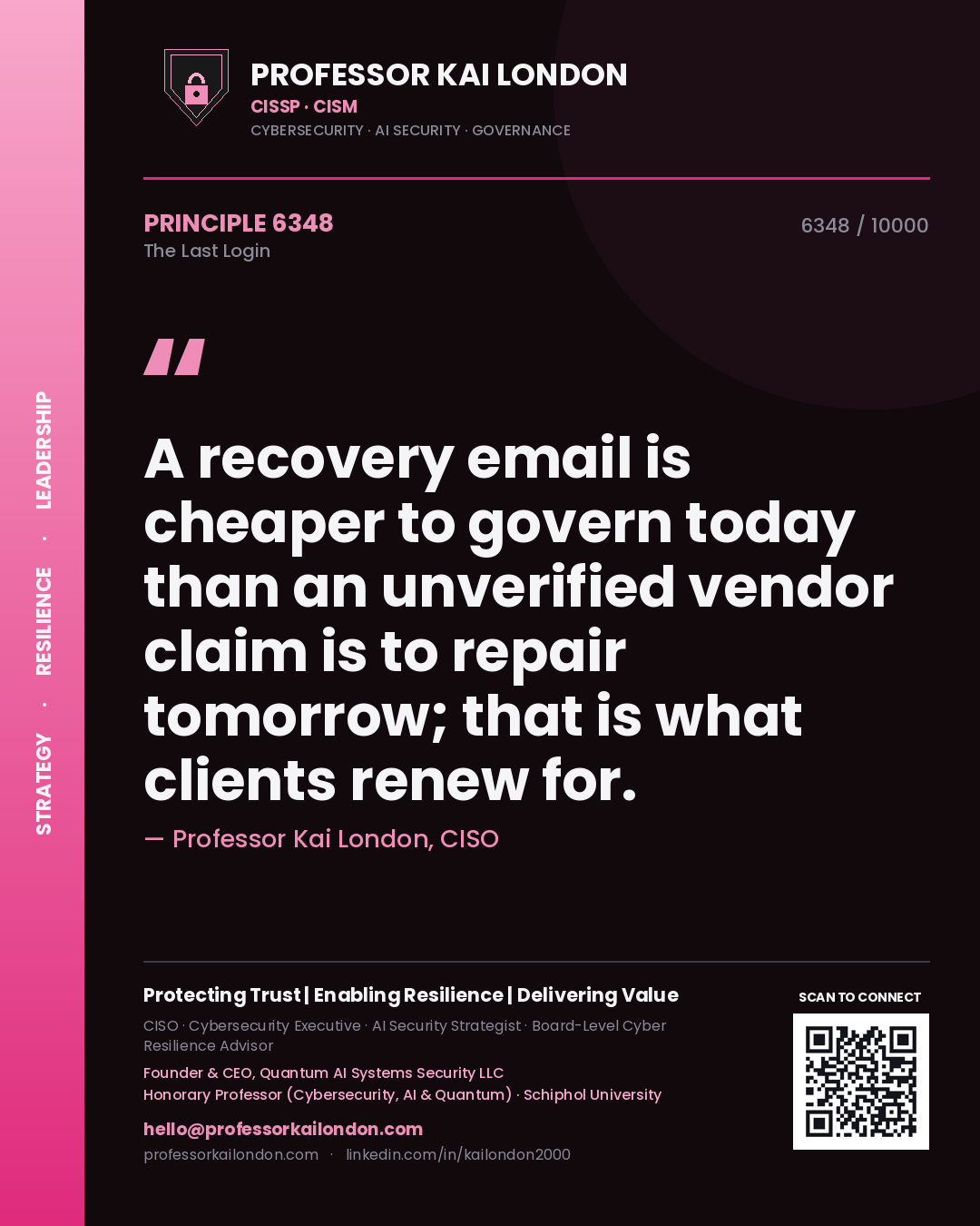 Quote card by Professor Kai London reading 'A recovery email is cheaper to govern today than an unverified vendor claim is to repair tomorrow; that is what clients renew for.'. From the book The Last Login.