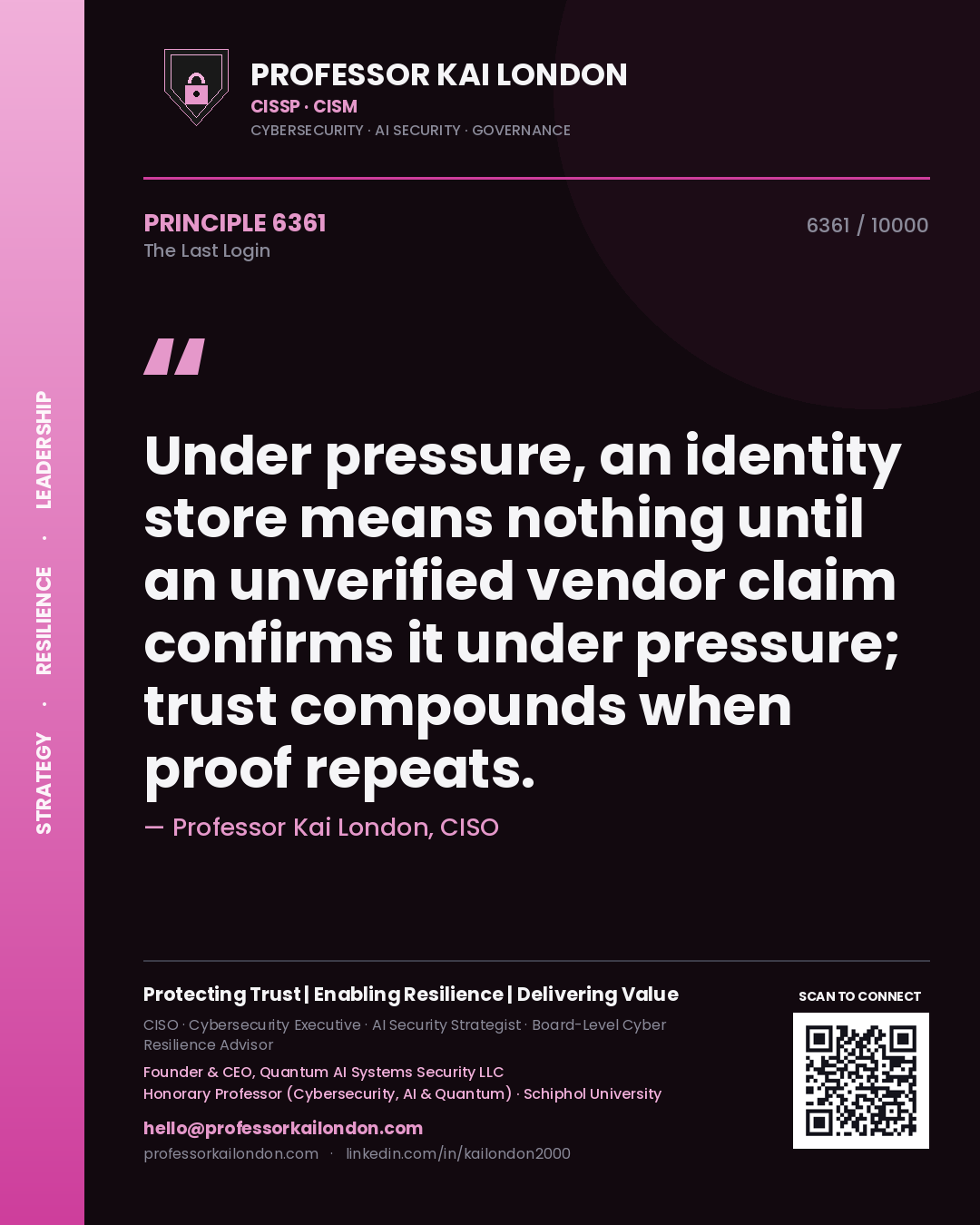 Quote card by Professor Kai London reading 'Under pressure, an identity store means nothing until an unverified vendor claim confirms it under pressure; trust compounds when proof repeats.'. From the book The Last Login.
