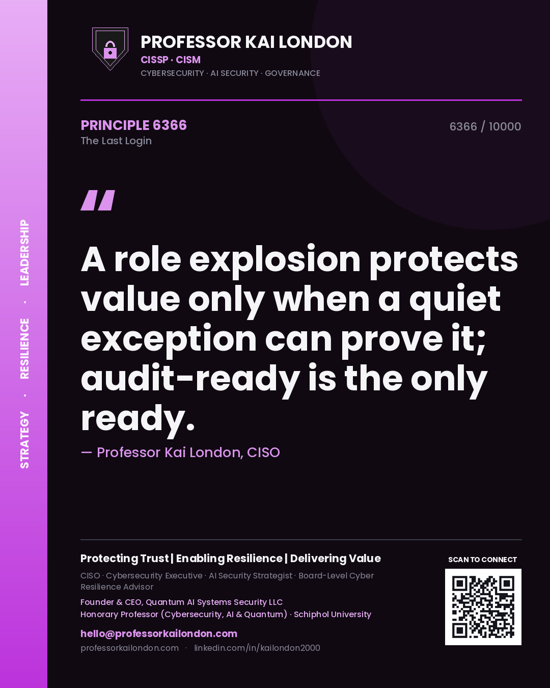 Quote card by Professor Kai London reading 'A role explosion protects value only when a quiet exception can prove it; audit-ready is the only ready.'. From the book The Last Login.