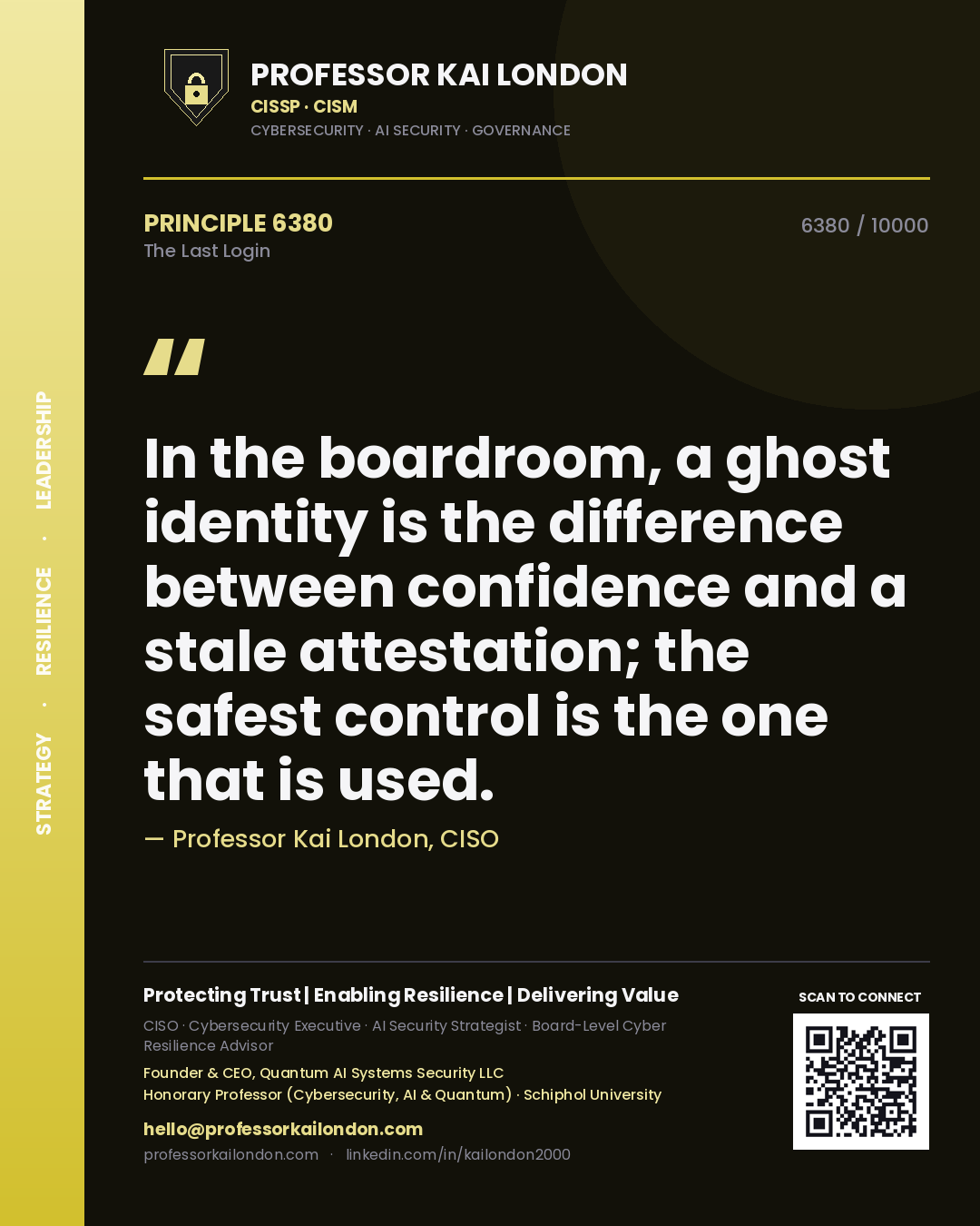 Quote card by Professor Kai London reading 'In the boardroom, a ghost identity is the difference between confidence and a stale attestation; the safest control is the one that is used.'. From the book The Last Login.