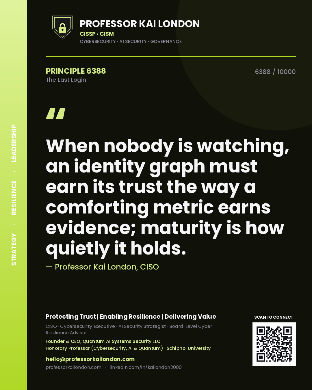Quote card by Professor Kai London reading 'When nobody is watching, an identity graph must earn its trust the way a comforting metric earns evidence; maturity is how quietly it holds.'. From the book The Last Login.