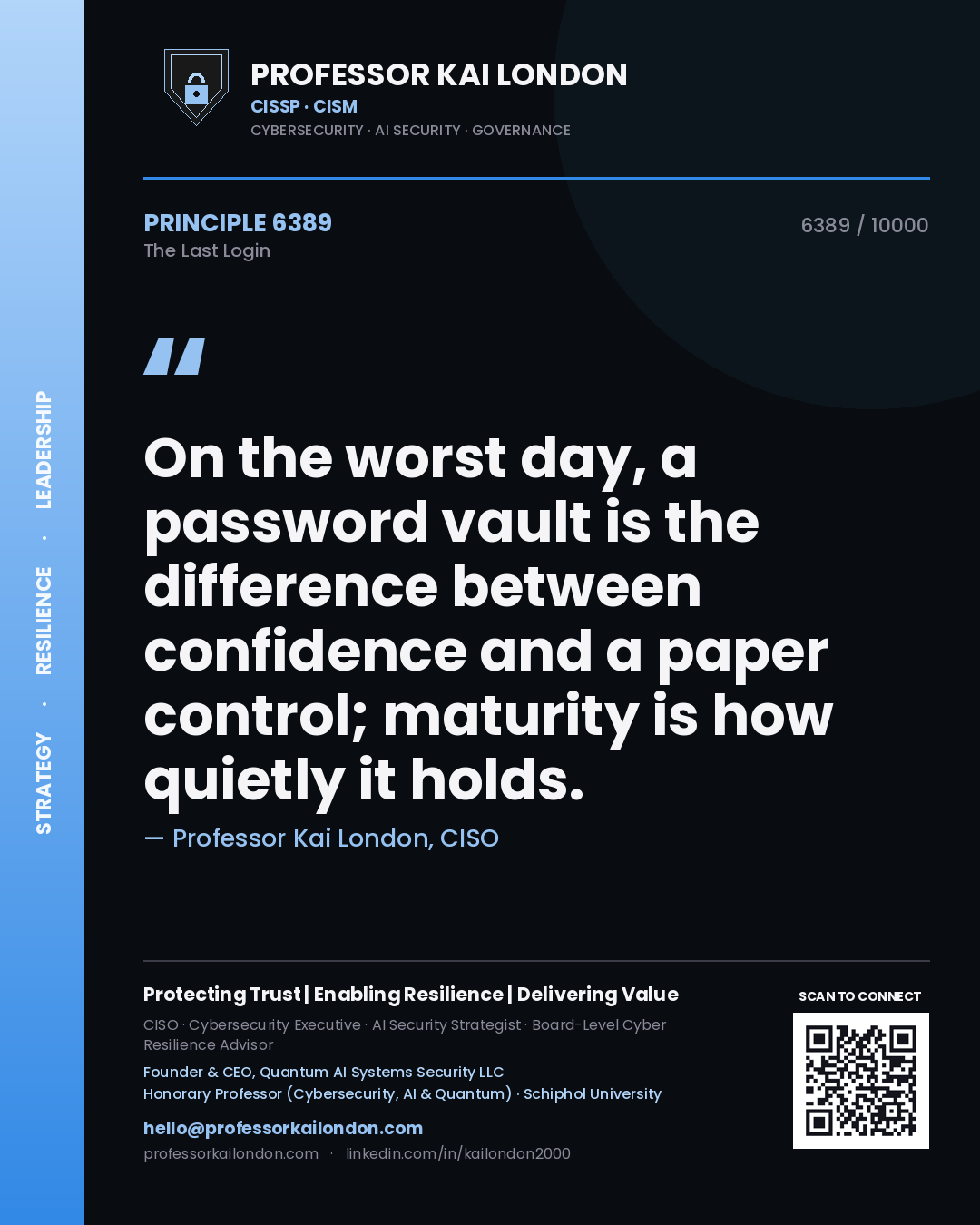 Quote card by Professor Kai London reading 'On the worst day, a password vault is the difference between confidence and a paper control; maturity is how quietly it holds.'. From the book The Last Login.