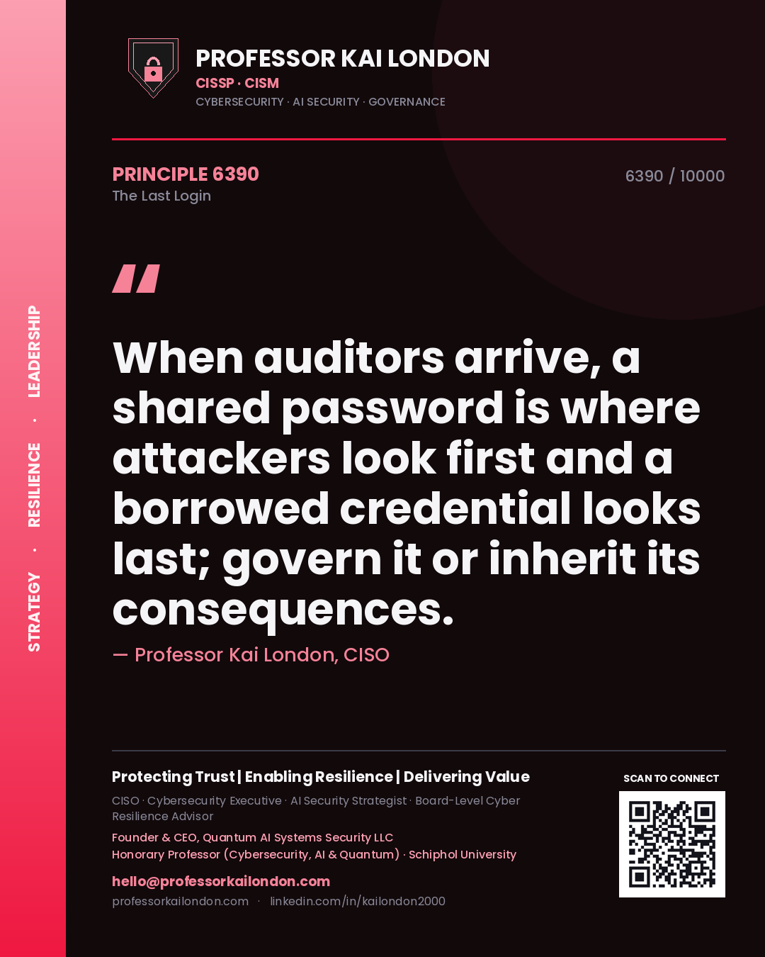 Quote card by Professor Kai London reading 'When auditors arrive, a shared password is where attackers look first and a borrowed credential looks last; govern it or inherit its consequences.'. From the book The Last Login.