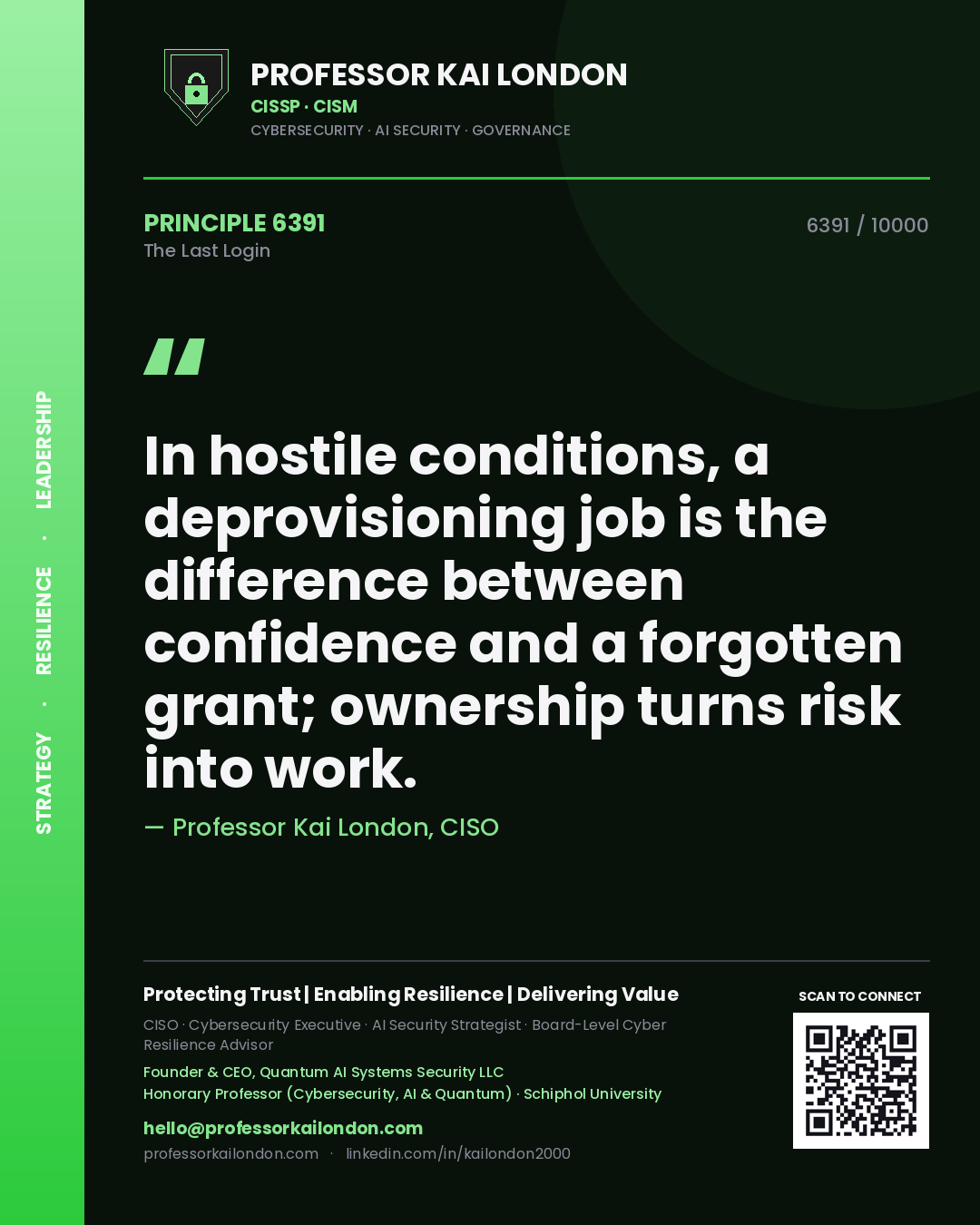 Quote card by Professor Kai London reading 'In hostile conditions, a deprovisioning job is the difference between confidence and a forgotten grant; ownership turns risk into work.'. From the book The Last Login.