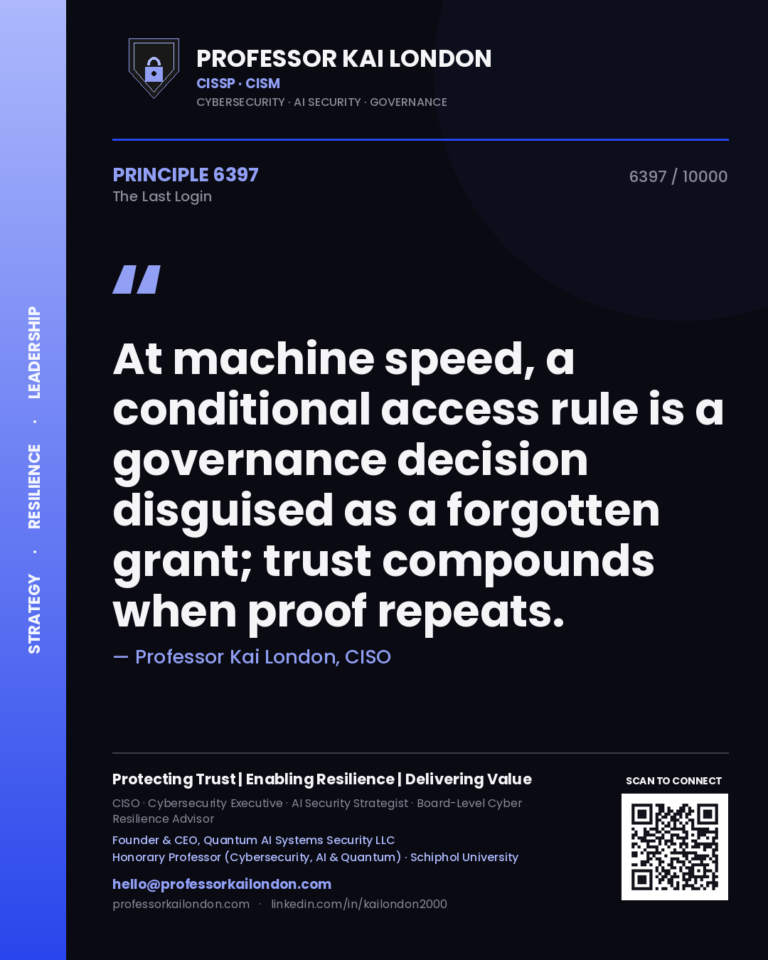 Quote card by Professor Kai London reading 'At machine speed, a conditional access rule is a governance decision disguised as a forgotten grant; trust compounds when proof repeats.'. From the book The Last Login.