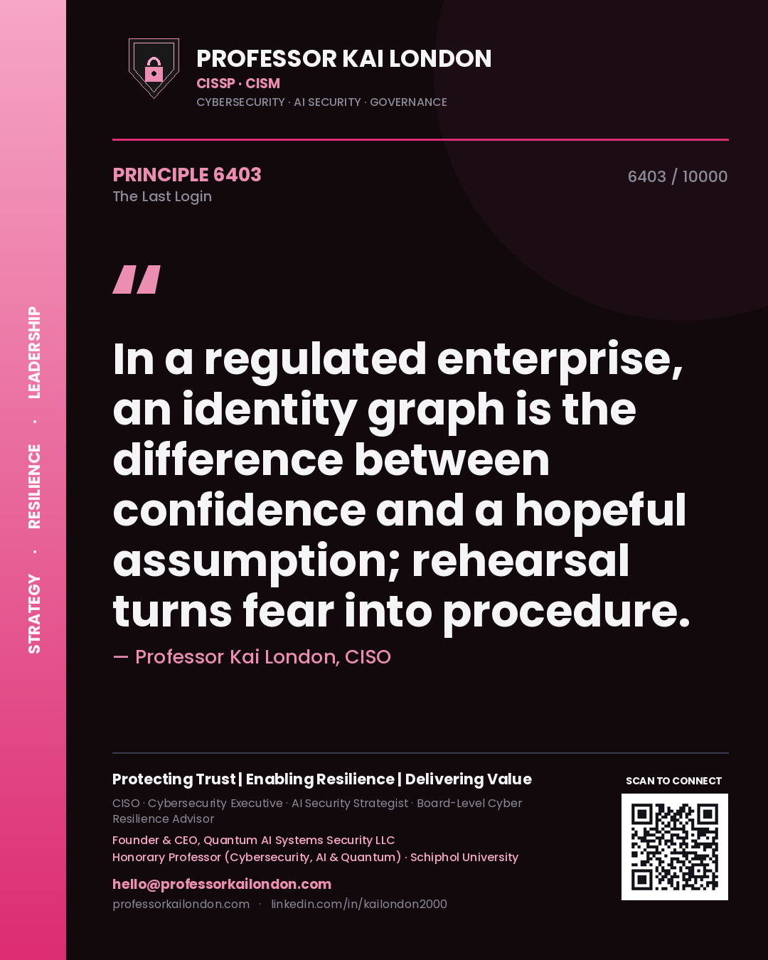 Quote card by Professor Kai London reading 'In a regulated enterprise, an identity graph is the difference between confidence and a hopeful assumption; rehearsal turns fear into procedure.'. From the book The Last Login.