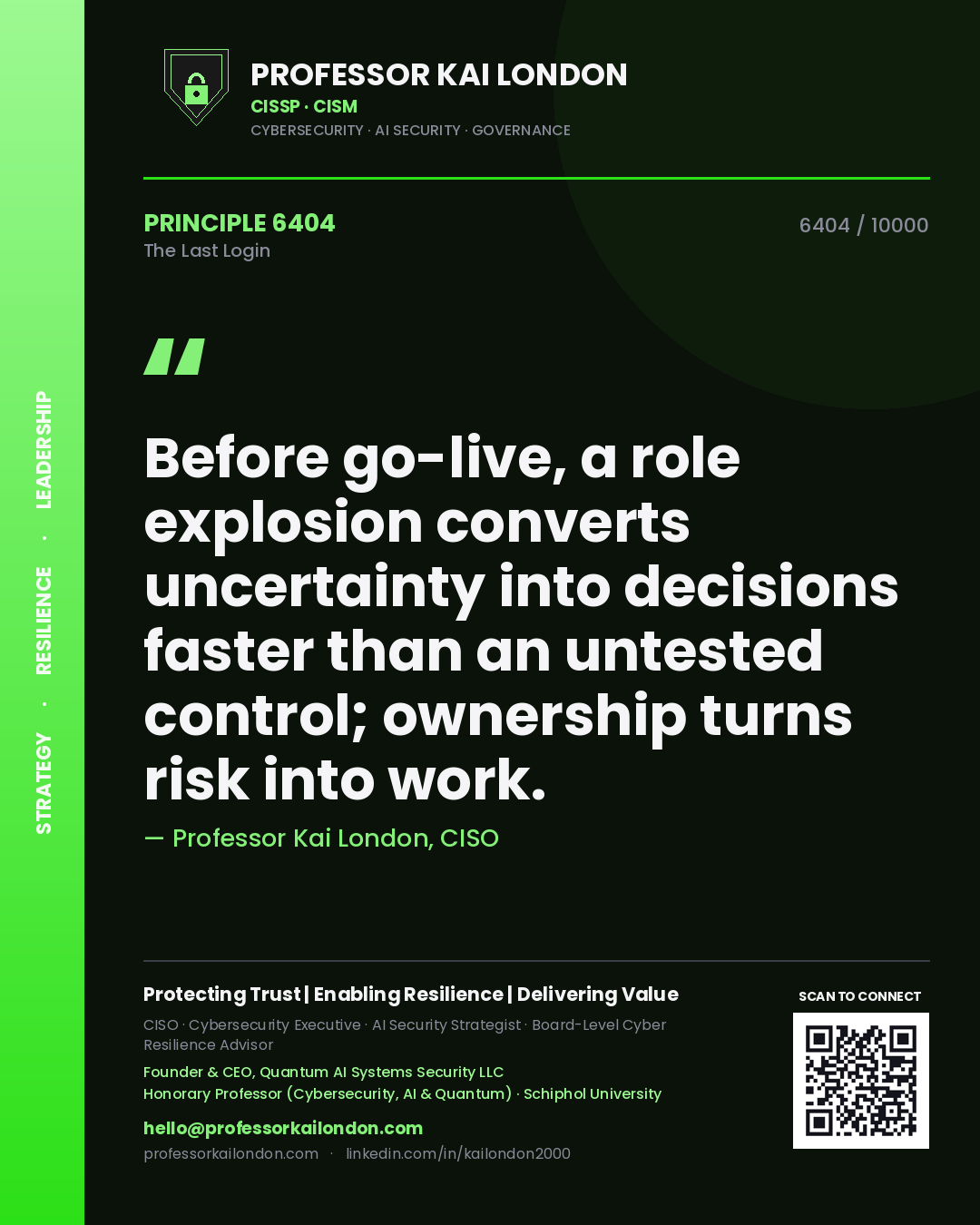 Quote card by Professor Kai London reading 'Before go-live, a role explosion converts uncertainty into decisions faster than an untested control; ownership turns risk into work.'. From the book The Last Login.