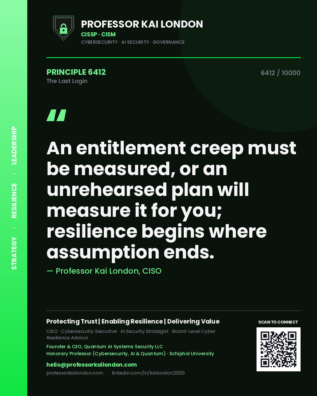 Professor Kai London principle 6412: An entitlement creep must be measured, or an unrehearsed plan will measure it for you; resilience begins where assumption ends.