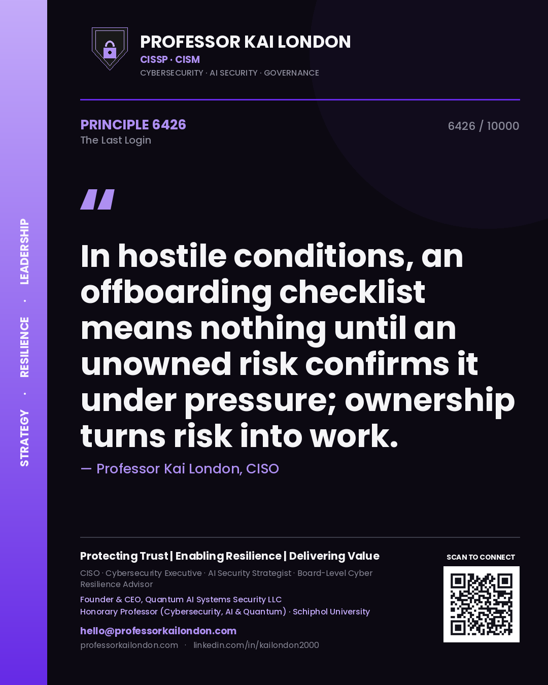 Professor Kai London principle 6426: In hostile conditions, an offboarding checklist means nothing until an unowned risk confirms it under pressure; ownership turns risk into work.