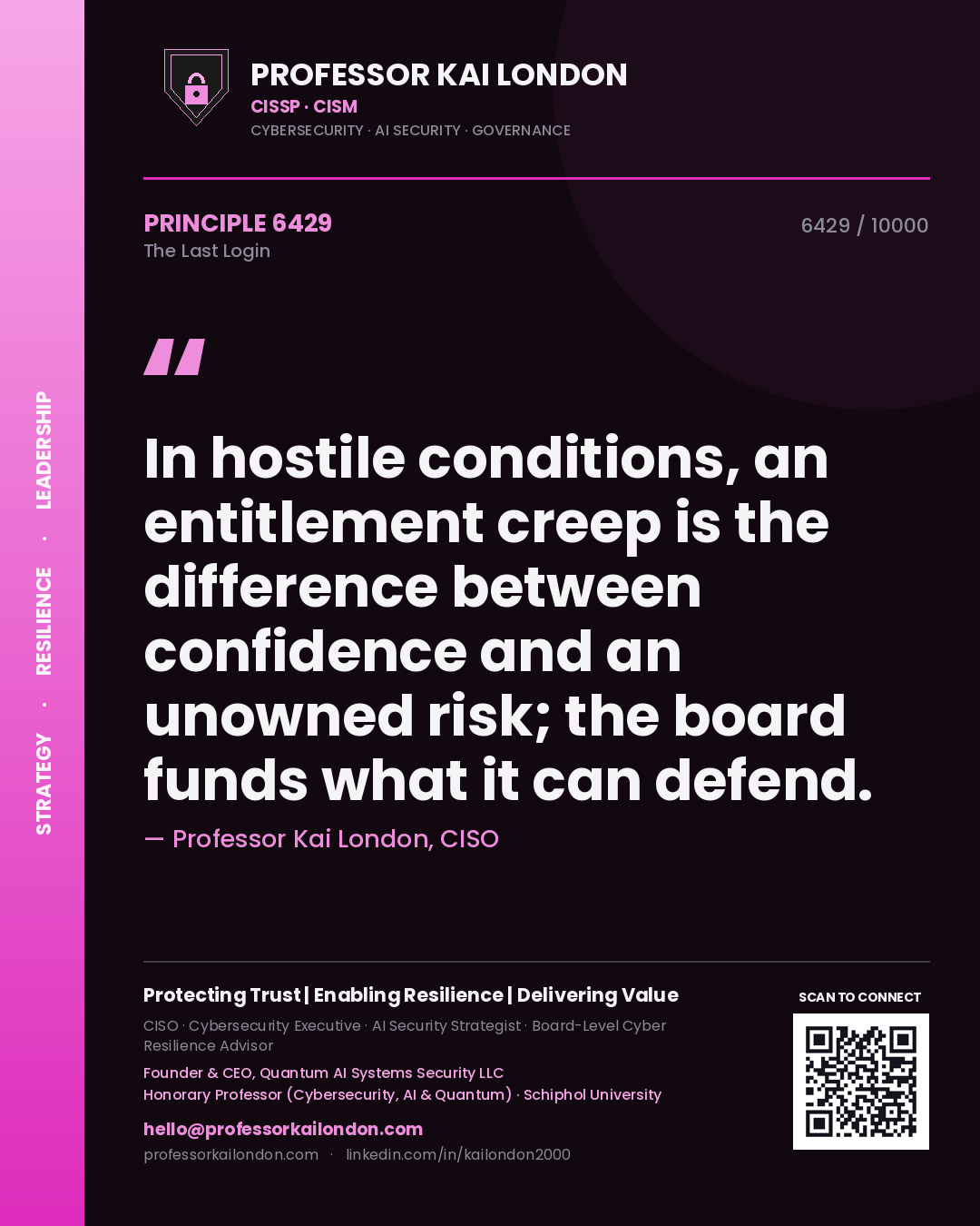 Professor Kai London principle 6429: In hostile conditions, an entitlement creep is the difference between confidence and an unowned risk; the board funds what it can defend.