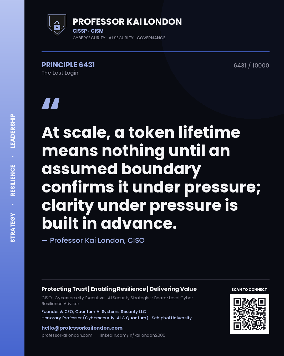 Professor Kai London principle 6431: At scale, a token lifetime means nothing until an assumed boundary confirms it under pressure; clarity under pressure is built in advance.