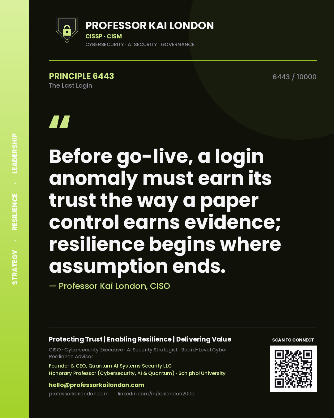 Professor Kai London principle 6443: Before go-live, a login anomaly must earn its trust the way a paper control earns evidence; resilience begins where assumption ends.