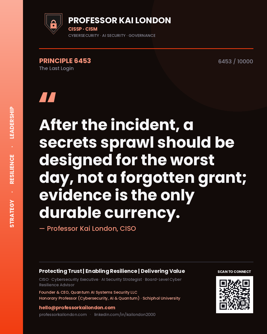 Quote card by Professor Kai London reading 'After the incident, a secrets sprawl should be designed for the worst day, not a forgotten grant; evidence is the only durable currency.'. From the book The Last Login.